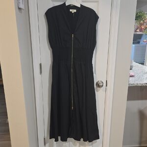 entro Black Zip-Front Smocked-Waist Midi Dress